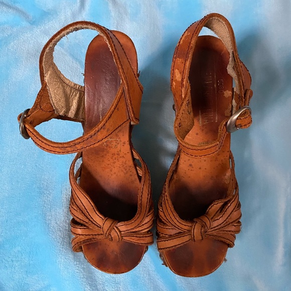 Vintage 70s 6.5 Wooden Platform Heels Sandals Leather 1970s Hippie Cher Disco - Picture 8 of 12